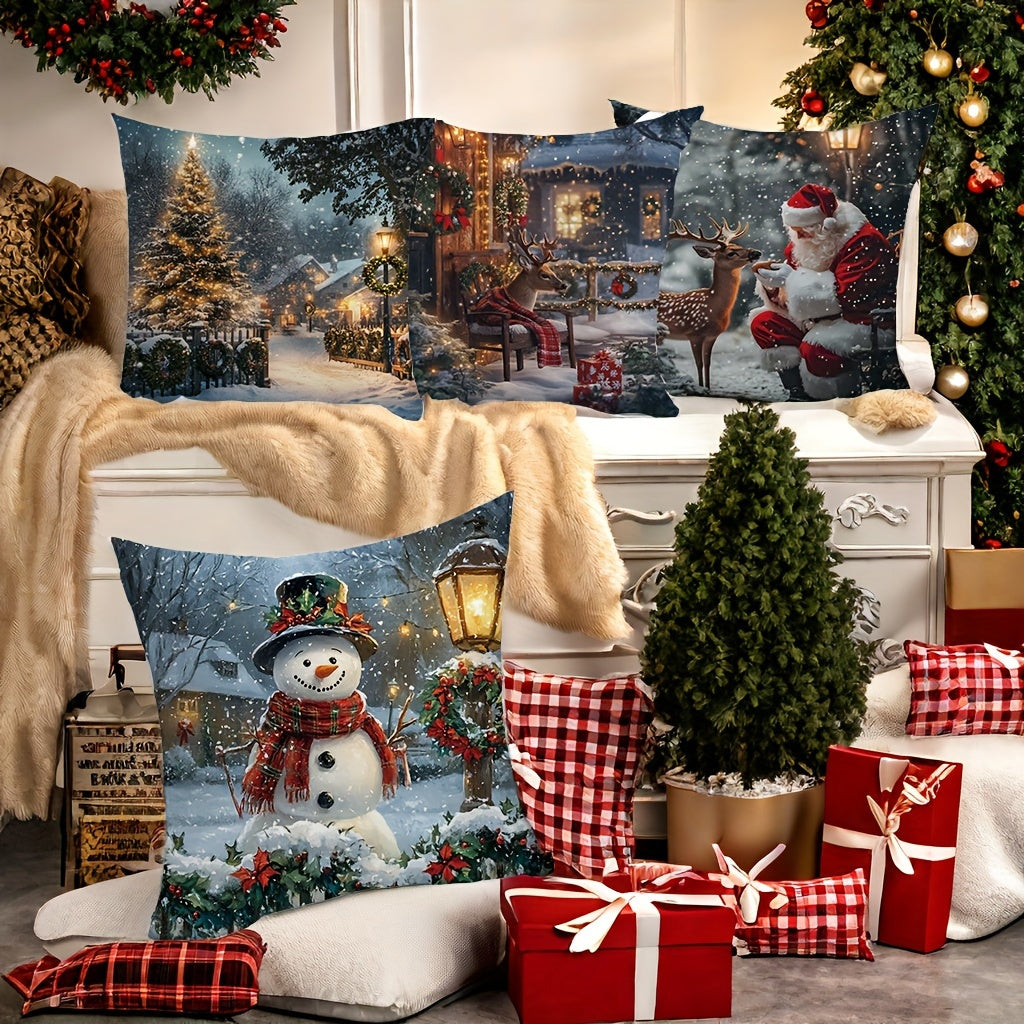 4pcs, Christmas decoration pillowcases, Art Nouveau Christmas tree, snowman, deer, Santa Claus pattern pillowcases, 45.01 x 45.01 cm, room decoration, office decoration, living room decoration, sofa decoration, no pillow core