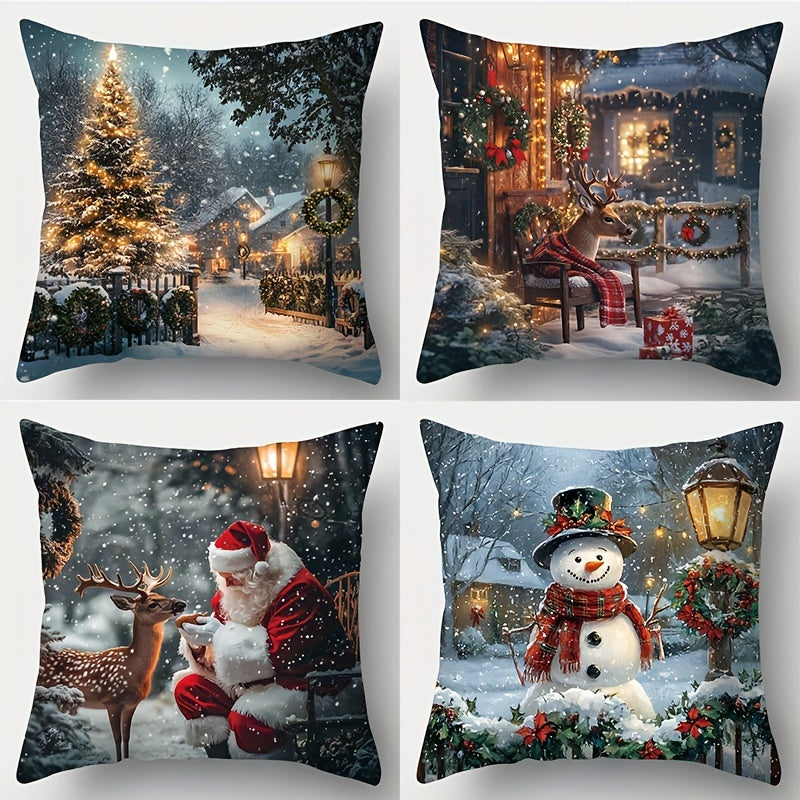 4pcs, Christmas decoration pillowcases, Art Nouveau Christmas tree, snowman, deer, Santa Claus pattern pillowcases, 45.01 x 45.01 cm, room decoration, office decoration, living room decoration, sofa decoration, no pillow core