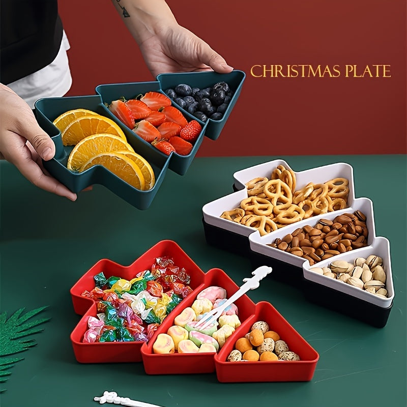 3-Section Christmas Tree-Shaped Plastic Serving Tray in Red & White - Ideal for Candy, Nuts, & Desserts at Christmas Parties, Versatile Snack Organizer for Restaurants & Cafes