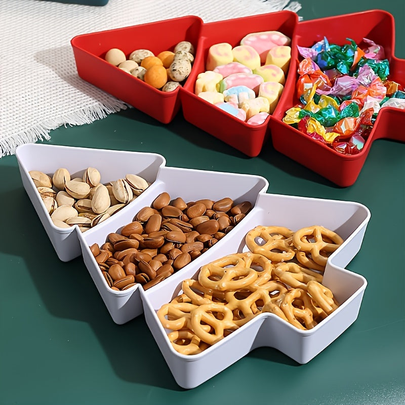 3-Section Christmas Tree-Shaped Plastic Serving Tray in Red & White - Ideal for Candy, Nuts, & Desserts at Christmas Parties, Versatile Snack Organizer for Restaurants & Cafes