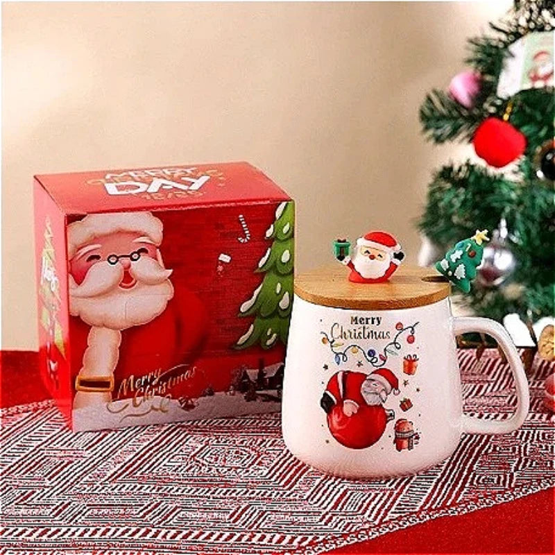 Top Christmas Gift! Cartoon Santa Ceramic Mug Gift Set, Wooden Lid & Spoon, Trendy Mug, Heartwarming Gift!