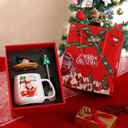 Top Christmas Gift! Cartoon Santa Ceramic Mug Gift Set, Wooden Lid & Spoon, Trendy Mug, Heartwarming Gift!
