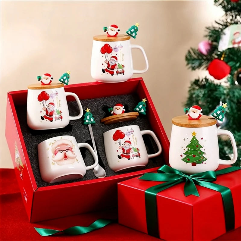 Top Christmas Gift! Cartoon Santa Ceramic Mug Gift Set, Wooden Lid & Spoon, Trendy Mug, Heartwarming Gift!