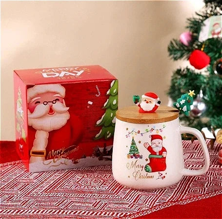 Top Christmas Gift! Cartoon Santa Ceramic Mug Gift Set, Wooden Lid & Spoon, Trendy Mug, Heartwarming Gift!
