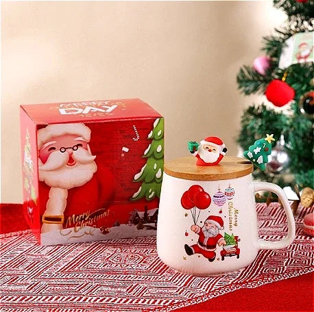 Top Christmas Gift! Cartoon Santa Ceramic Mug Gift Set, Wooden Lid & Spoon, Trendy Mug, Heartwarming Gift!