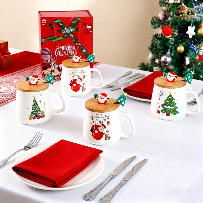 Top Christmas Gift! Cartoon Santa Ceramic Mug Gift Set, Wooden Lid & Spoon, Trendy Mug, Heartwarming Gift!