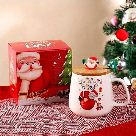 Top Christmas Gift! Cartoon Santa Ceramic Mug Gift Set, Wooden Lid & Spoon, Trendy Mug, Heartwarming Gift!