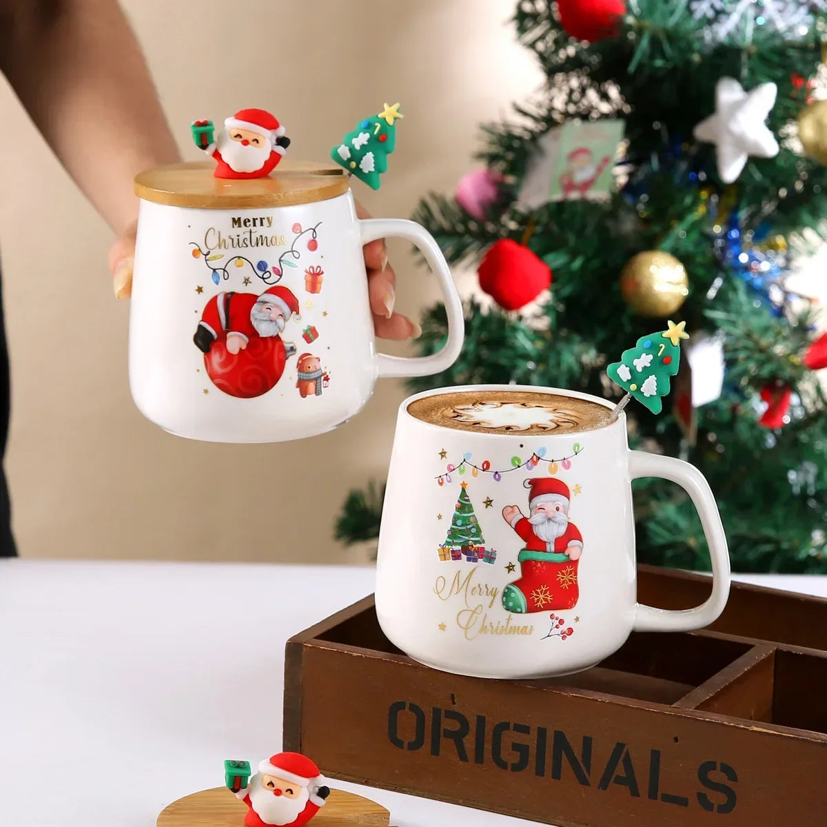 Top Christmas Gift! Cartoon Santa Ceramic Mug Gift Set, Wooden Lid & Spoon, Trendy Mug, Heartwarming Gift!