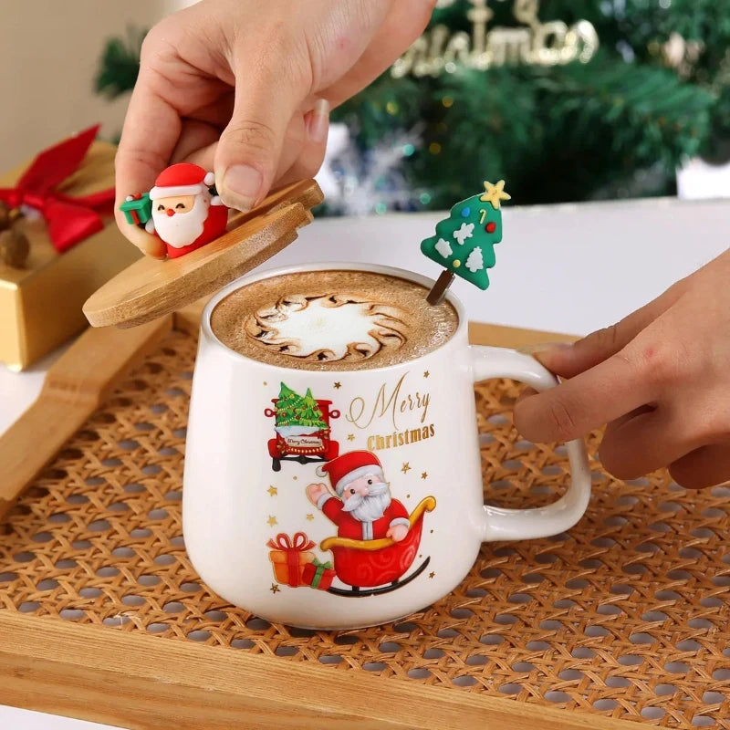 Top Christmas Gift! Cartoon Santa Ceramic Mug Gift Set, Wooden Lid & Spoon, Trendy Mug, Heartwarming Gift!
