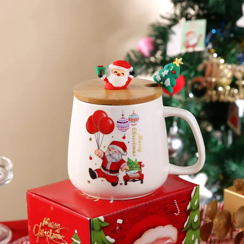 Top Christmas Gift! Cartoon Santa Ceramic Mug Gift Set, Wooden Lid & Spoon, Trendy Mug, Heartwarming Gift!