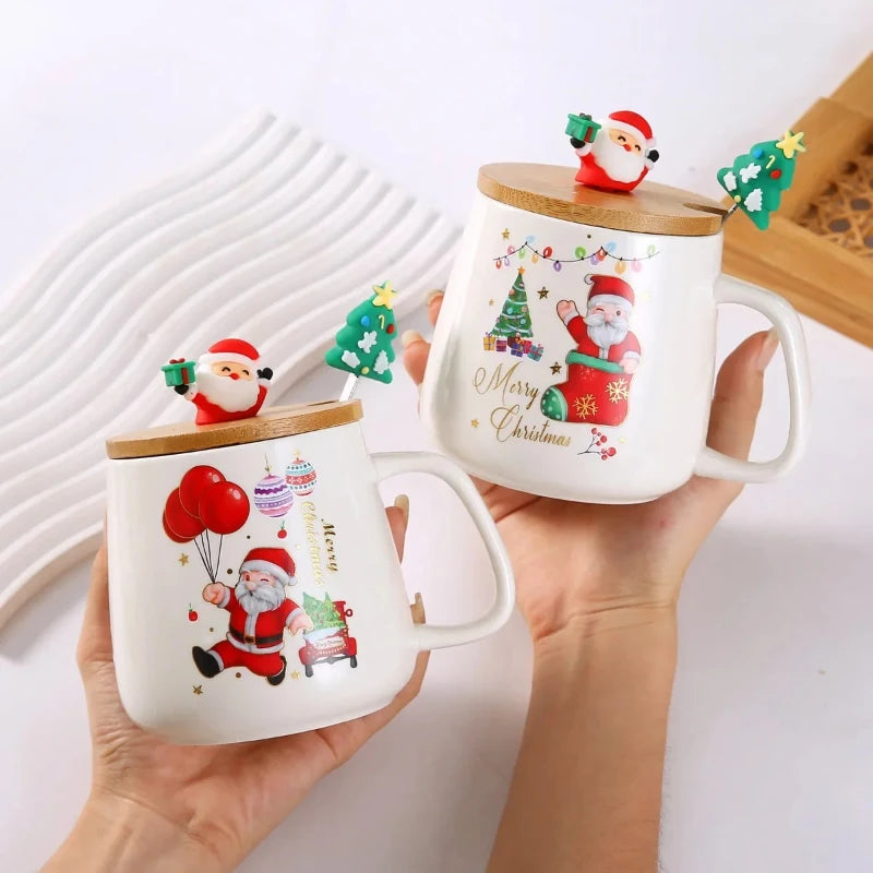 Top Christmas Gift! Cartoon Santa Ceramic Mug Gift Set, Wooden Lid & Spoon, Trendy Mug, Heartwarming Gift!