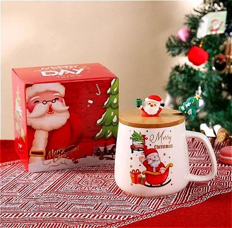 Top Christmas Gift! Cartoon Santa Ceramic Mug Gift Set, Wooden Lid & Spoon, Trendy Mug, Heartwarming Gift!