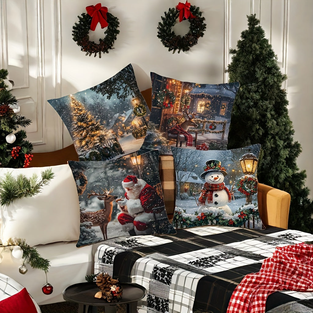 4pcs, Christmas decoration pillowcases, Art Nouveau Christmas tree, snowman, deer, Santa Claus pattern pillowcases, 45.01 x 45.01 cm, room decoration, office decoration, living room decoration, sofa decoration, no pillow core