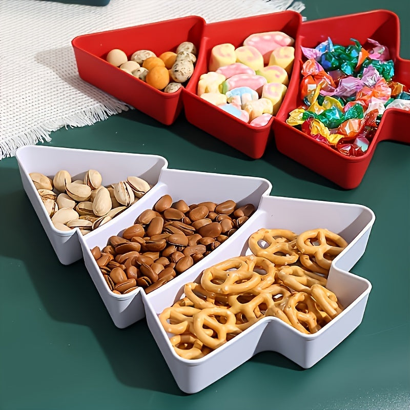 3-Section Christmas Tree-Shaped Plastic Serving Tray in Red & White - Ideal for Candy, Nuts, & Desserts at Christmas Parties, Versatile Snack Organizer for Restaurants & Cafes