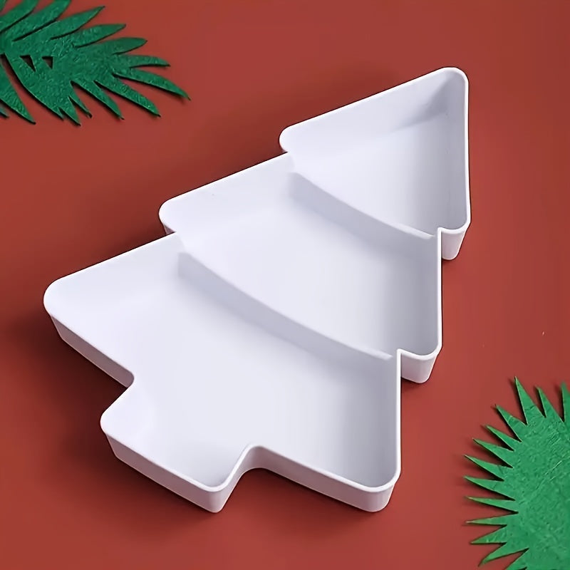 3-Section Christmas Tree-Shaped Plastic Serving Tray in Red & White - Ideal for Candy, Nuts, & Desserts at Christmas Parties, Versatile Snack Organizer for Restaurants & Cafes