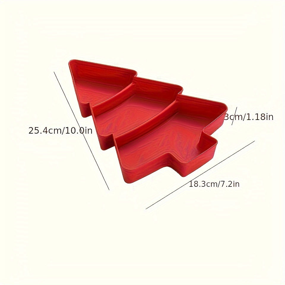 3-Section Christmas Tree-Shaped Plastic Serving Tray in Red & White - Ideal for Candy, Nuts, & Desserts at Christmas Parties, Versatile Snack Organizer for Restaurants & Cafes