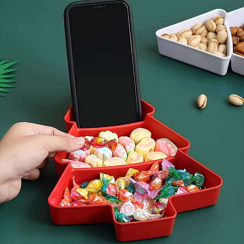 3-Section Christmas Tree-Shaped Plastic Serving Tray in Red & White - Ideal for Candy, Nuts, & Desserts at Christmas Parties, Versatile Snack Organizer for Restaurants & Cafes