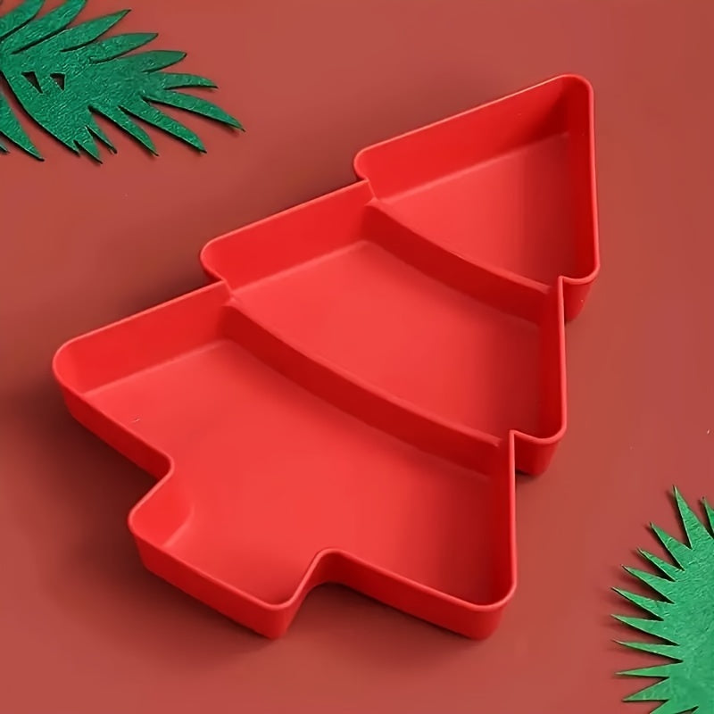 3-Section Christmas Tree-Shaped Plastic Serving Tray in Red & White - Ideal for Candy, Nuts, & Desserts at Christmas Parties, Versatile Snack Organizer for Restaurants & Cafes