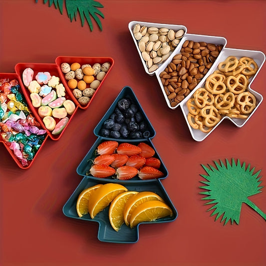3-Section Christmas Tree-Shaped Plastic Serving Tray in Red & White - Ideal for Candy, Nuts, & Desserts at Christmas Parties, Versatile Snack Organizer for Restaurants & Cafes