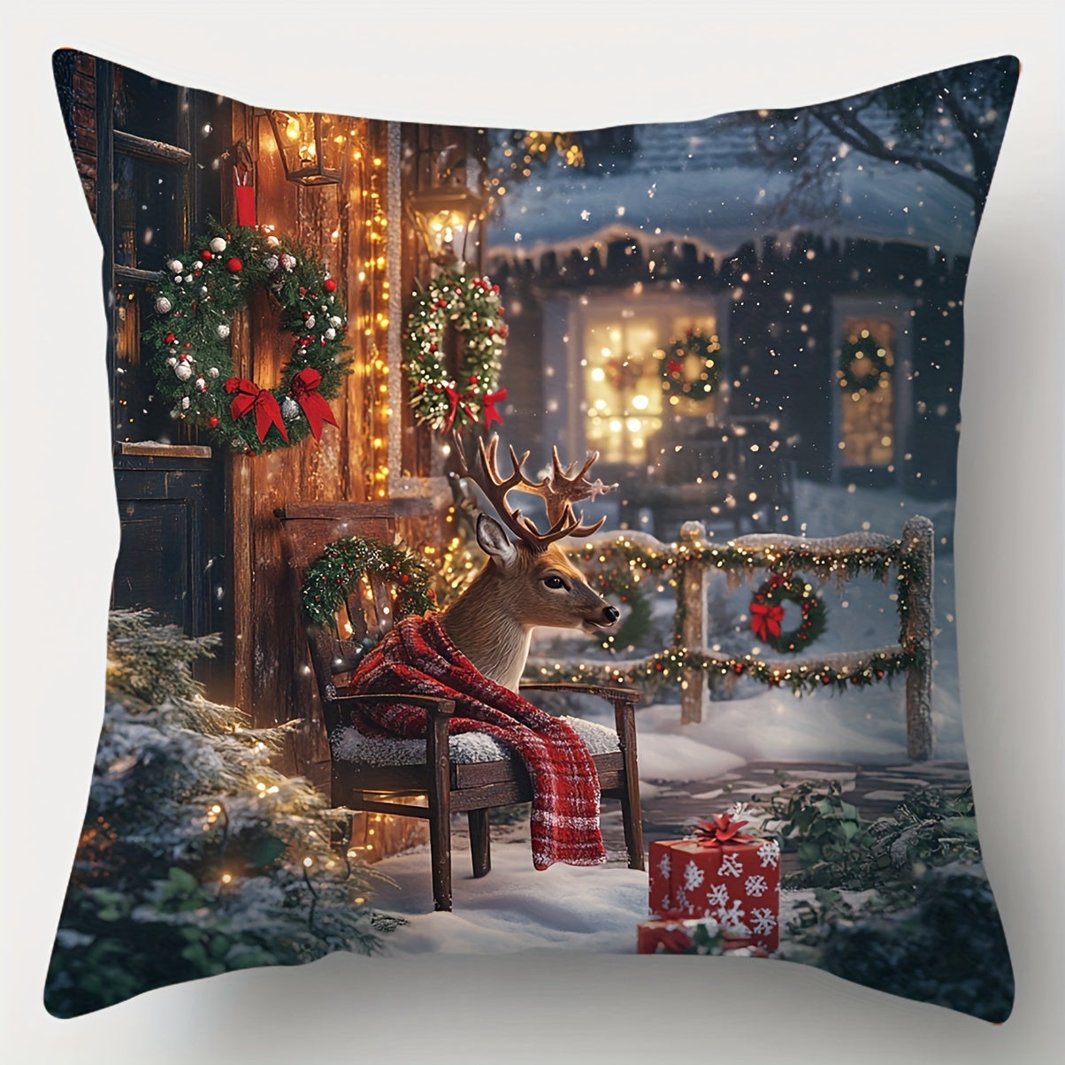 4pcs, Christmas decoration pillowcases, Art Nouveau Christmas tree, snowman, deer, Santa Claus pattern pillowcases, 45.01 x 45.01 cm, room decoration, office decoration, living room decoration, sofa decoration, no pillow core