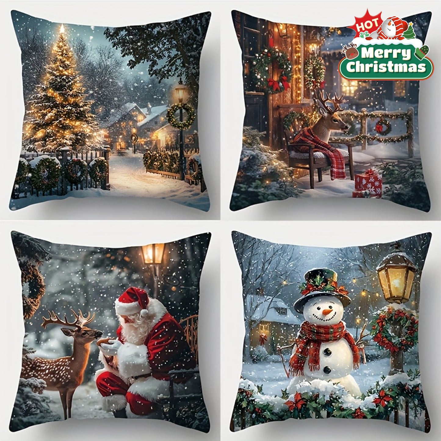 4pcs, Christmas decoration pillowcases, Art Nouveau Christmas tree, snowman, deer, Santa Claus pattern pillowcases, 45.01 x 45.01 cm, room decoration, office decoration, living room decoration, sofa decoration, no pillow core