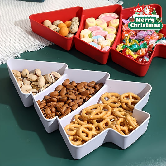 3-Section Christmas Tree-Shaped Plastic Serving Tray in Red & White - Ideal for Candy, Nuts, & Desserts at Christmas Parties, Versatile Snack Organizer for Restaurants & Cafes