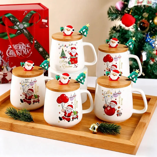 Top Christmas Gift! Cartoon Santa Ceramic Mug Gift Set, Wooden Lid & Spoon, Trendy Mug, Heartwarming Gift!