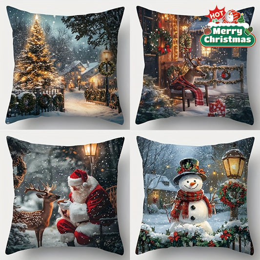 4pcs, Christmas decoration pillowcases, Art Nouveau Christmas tree, snowman, deer, Santa Claus pattern pillowcases, 45.01 x 45.01 cm, room decoration, office decoration, living room decoration, sofa decoration, no pillow core